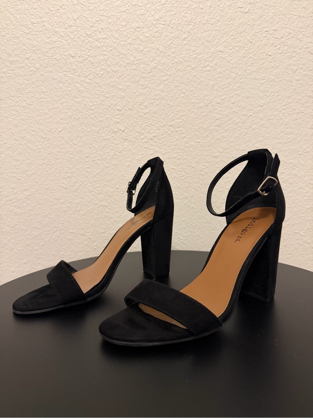 Indigo Black Suede Block Heel Ankle-Strap Sandals